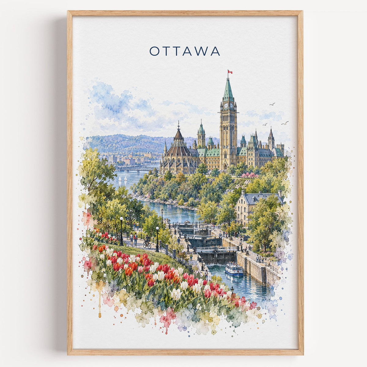 Ottawa watercolor print in a light oak frame on a plain white wall