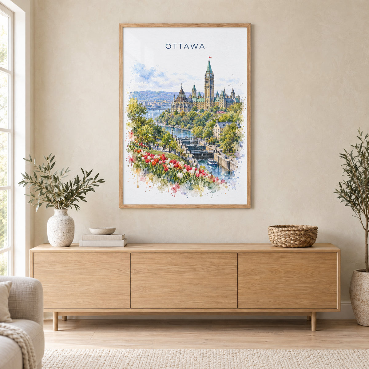 Ottawa watercolor print in an oak frame above a light wood sideboard in a Scandinavian living room