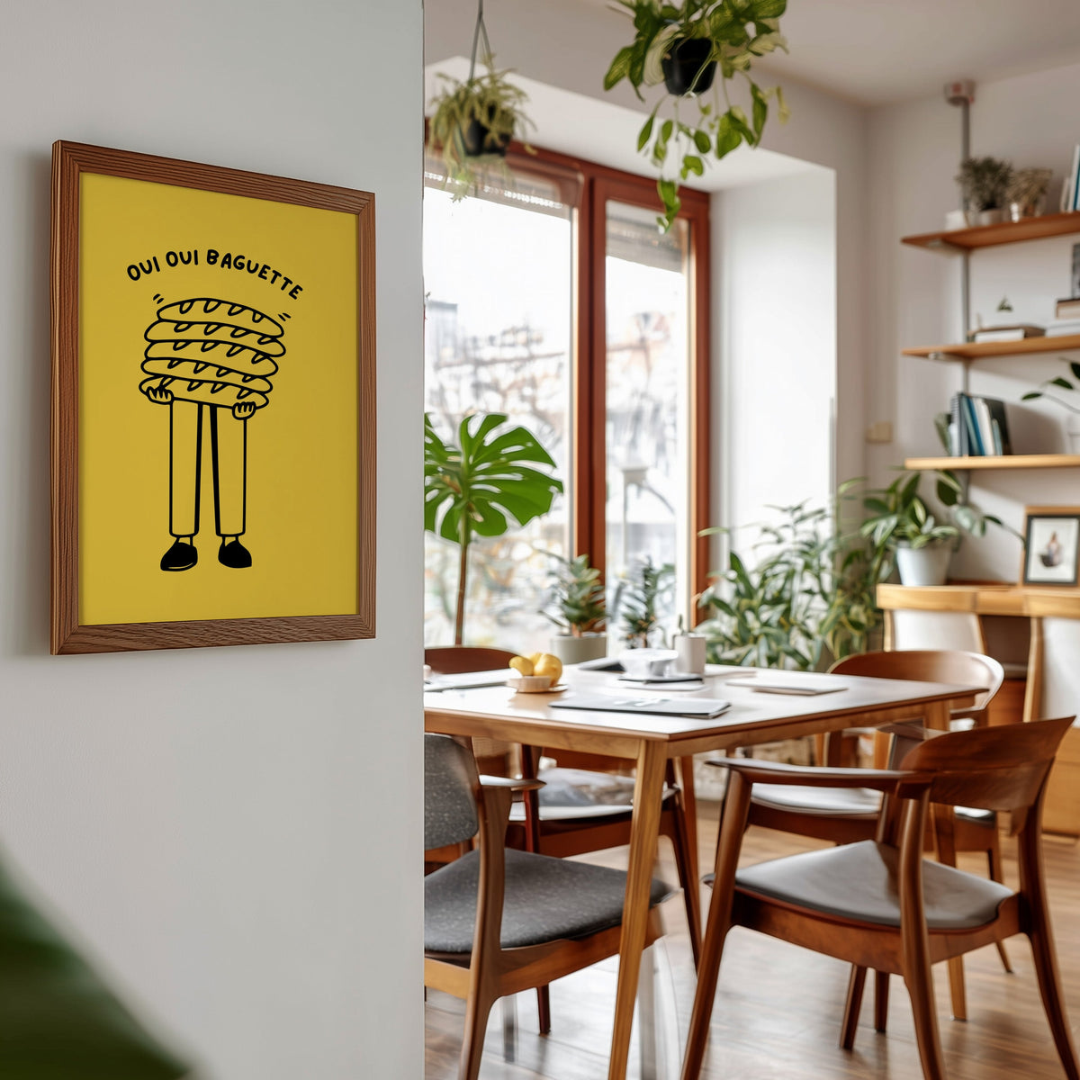 Oui Oui Baguette print in a walnut frame beside a mid-century dining table