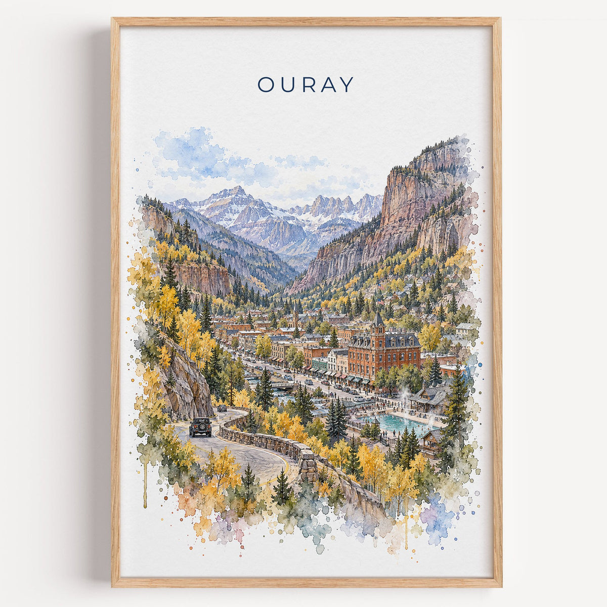 Ouray watercolor print in a light oak frame on a plain white wall