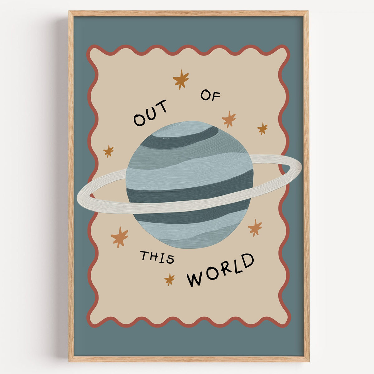 Out of this world planet nursery print in a light oak frame on a plain white wall