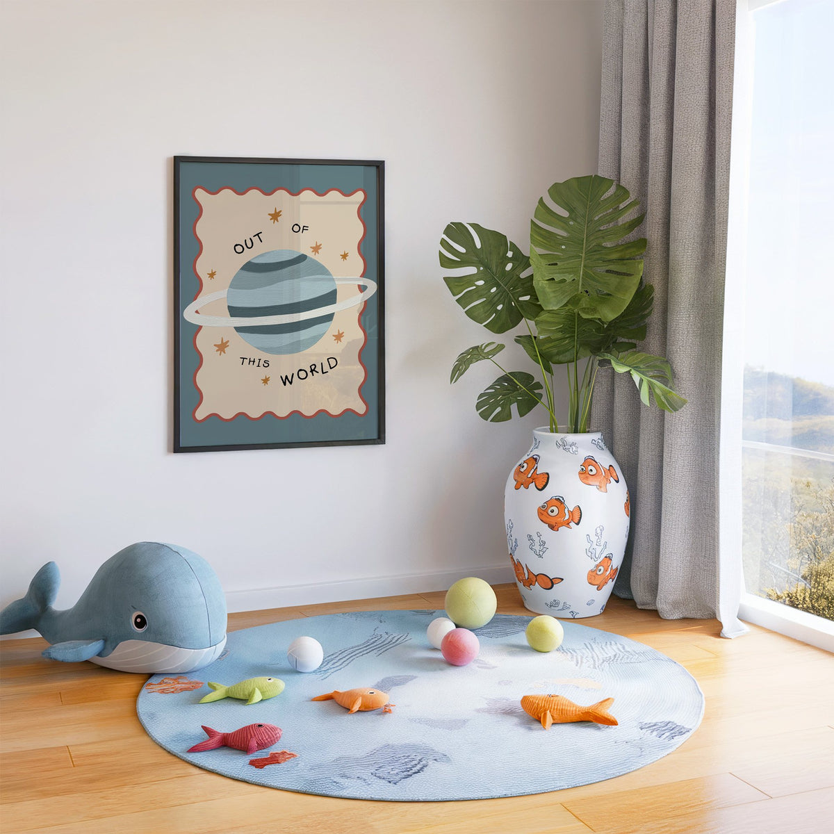 Out of this world planet nursery print in a black frame in a playroom with an ocean rug and whale plush