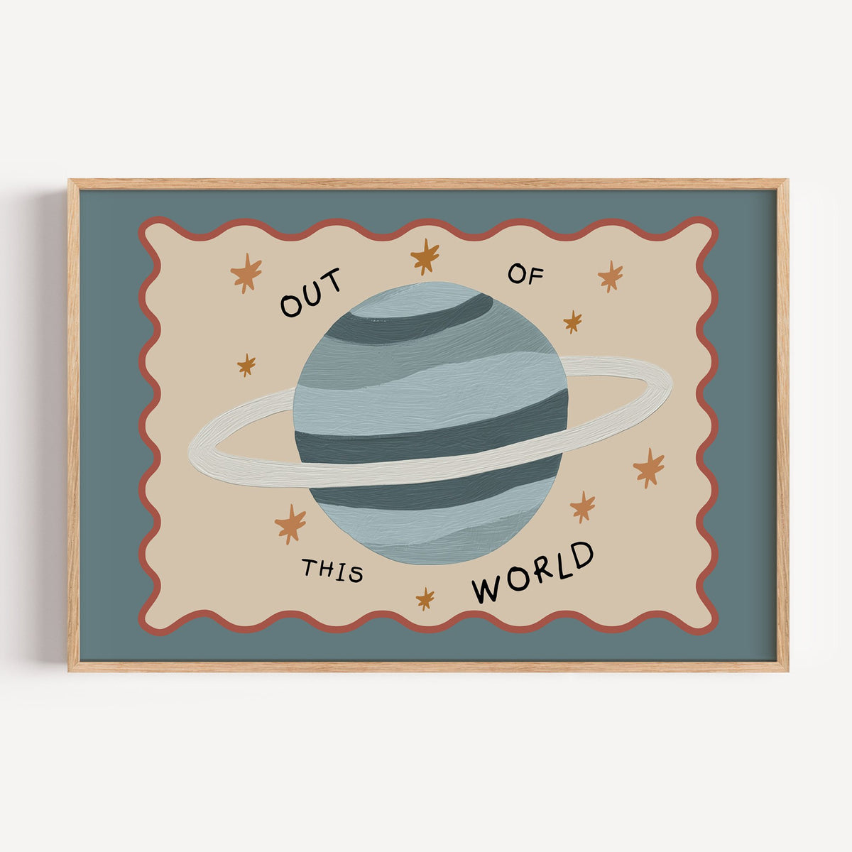 Landscape out of this world planet nursery print in a light oak frame on a plain white wall