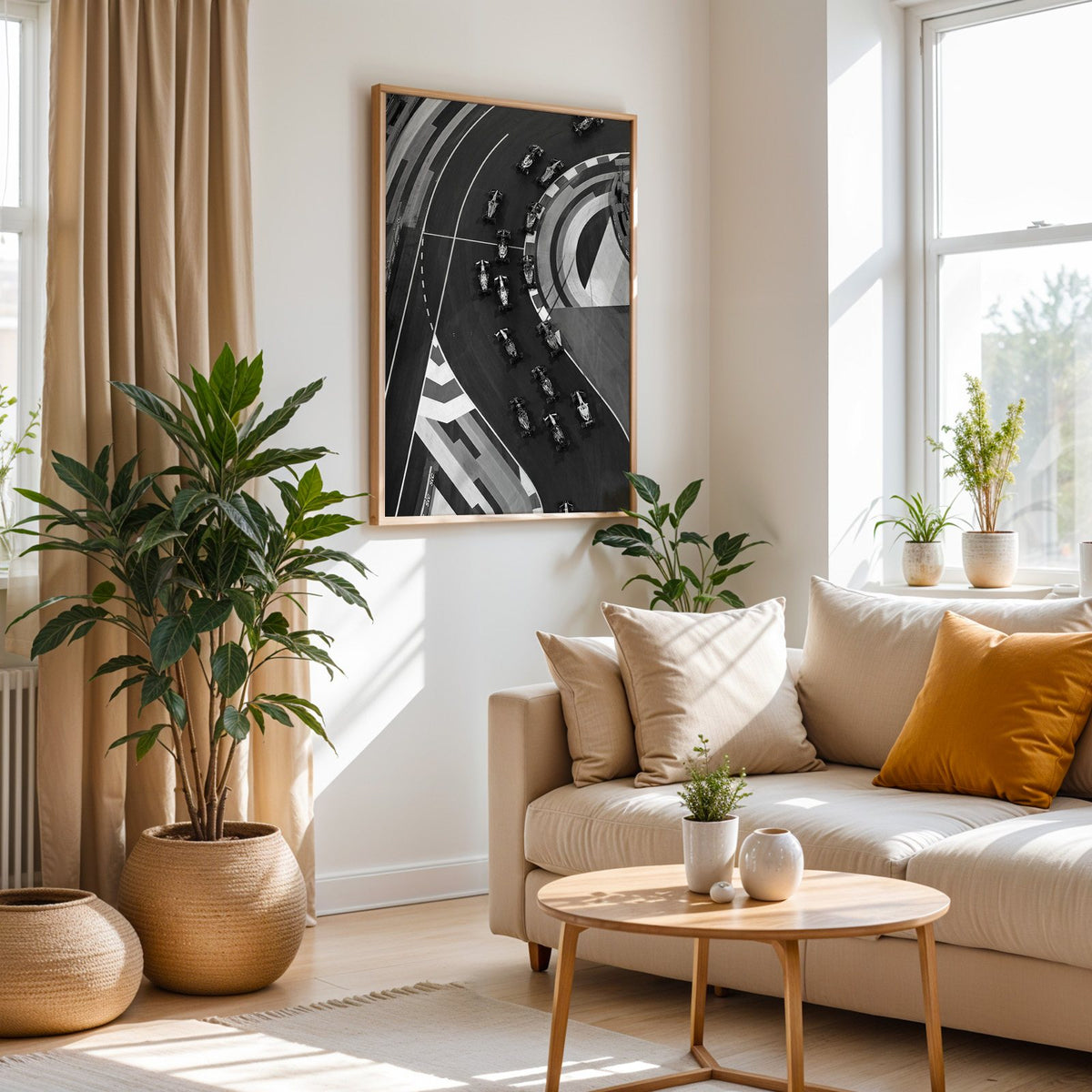 Formula-style race cars on curved track from above print in an oak frame above a cream sofa beside woven planters