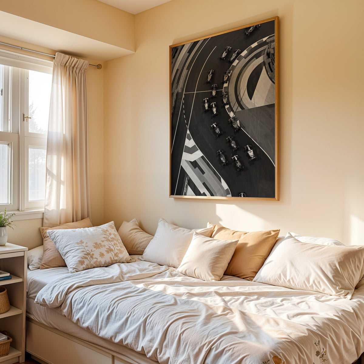 Formula-style race cars on curved track from above print in an oak frame above a cream daybed in a sunny bedroom