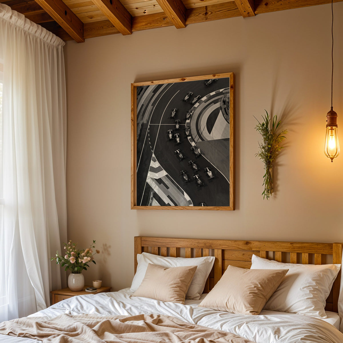 Formula-style race cars on curved track from above print in a pine frame above a wood headboard bed under a pendant bulb