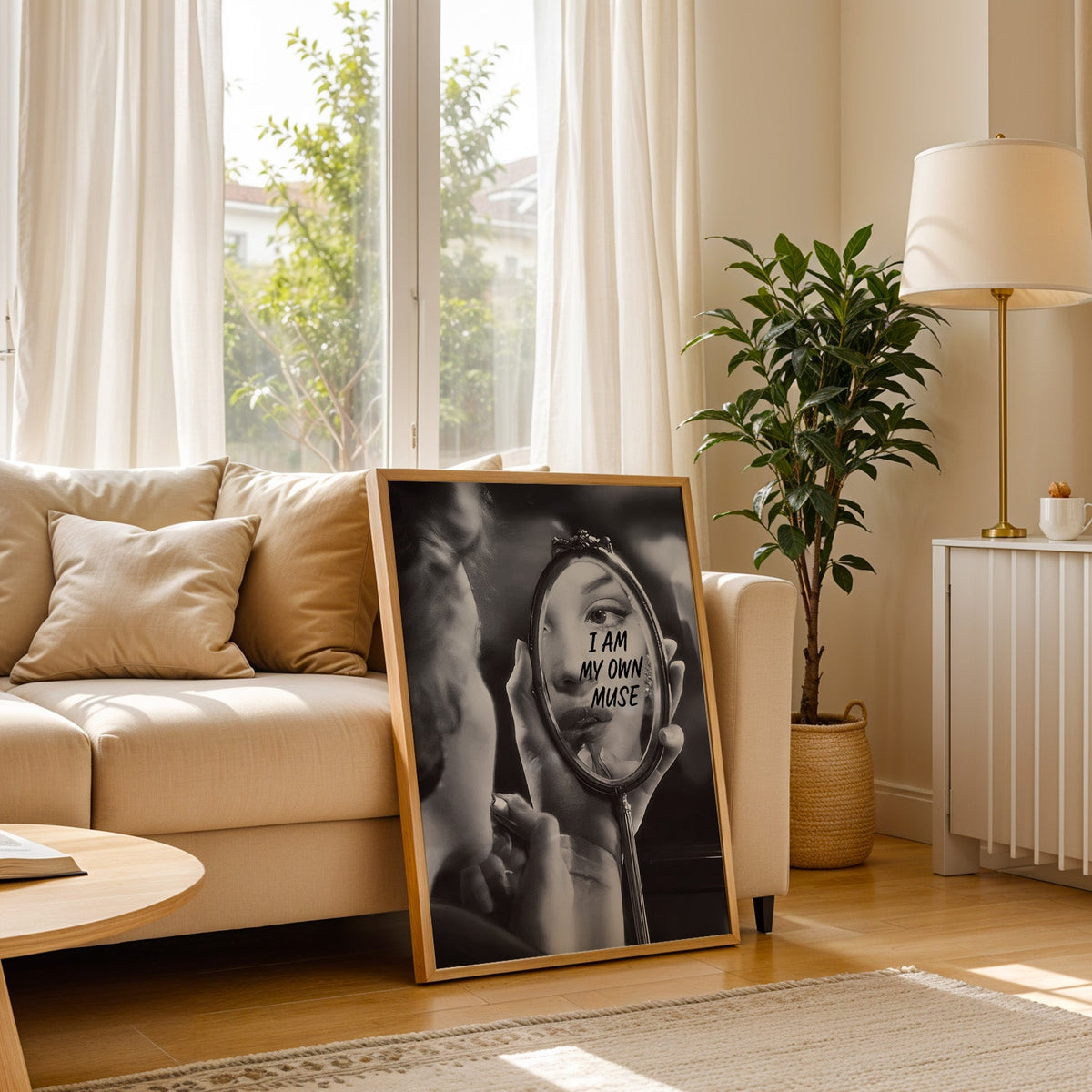 I am my own muse hand mirror portrait print in a light oak frame leaning on a cream sofa beside a floor lamp