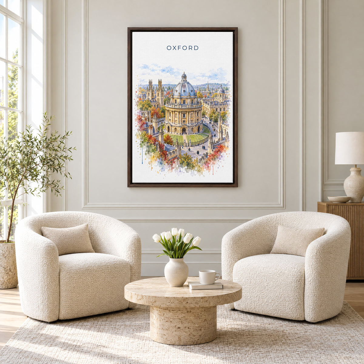Oxford, England watercolor print as an espresso floater canvas above two boucle armchairs in a hotel lounge