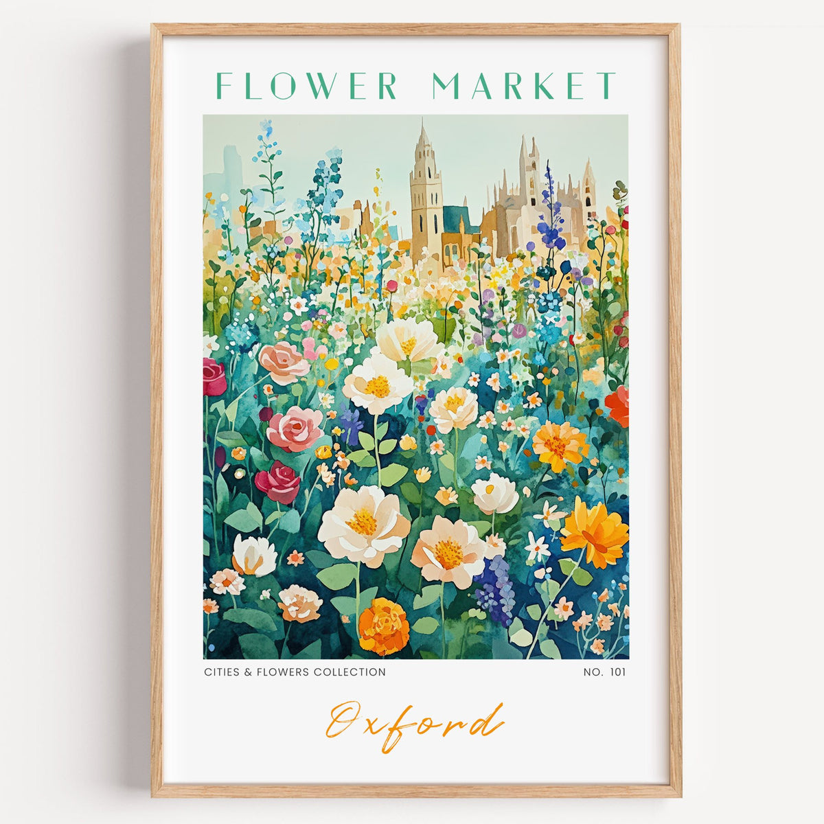 Oxford flower market print in a light oak frame on a plain white wall