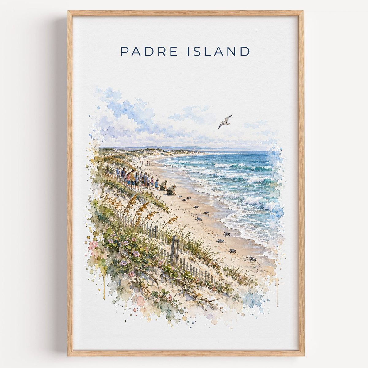 Padre Island National Seashore watercolor print in a light oak frame on a plain white wall