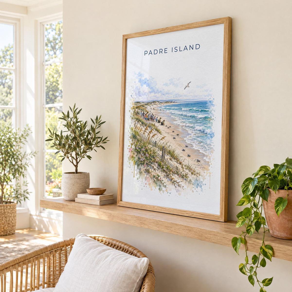 Padre Island National Seashore watercolor print in an oak frame on a picture ledge in a sunlit sunroom