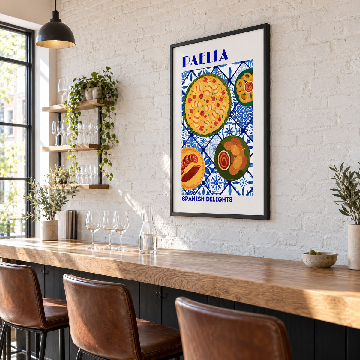 PAELLA Spanish Delights blue tile print in a black frame on a white brick wall above a wine bar counter