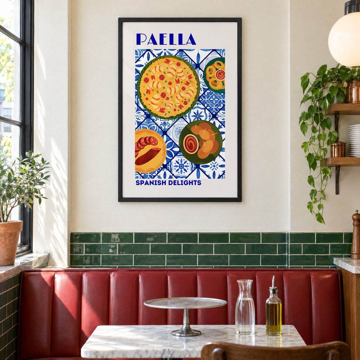 PAELLA Spanish Delights blue tile print in a black frame above a red leather booth in a sunny pizzeria