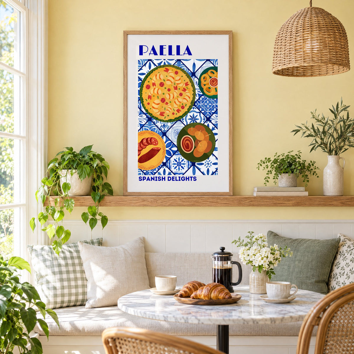 PAELLA Spanish Delights blue tile print in an oak frame on a picture ledge above a sunny breakfast nook