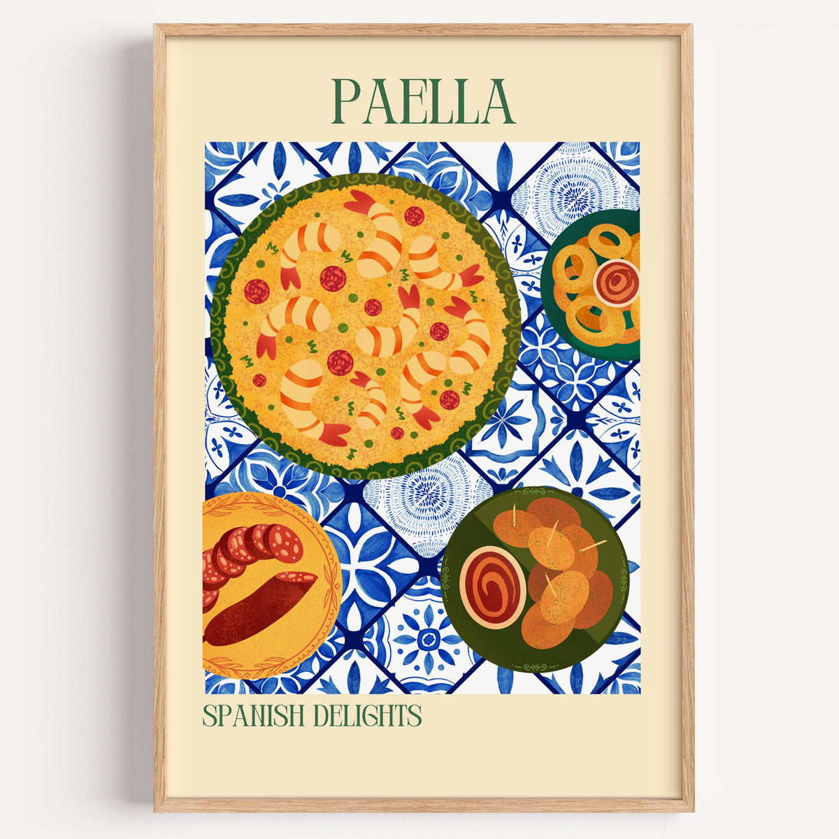 PAELLA Spanish Delights tapas tile table print in a light oak frame on a plain white wall