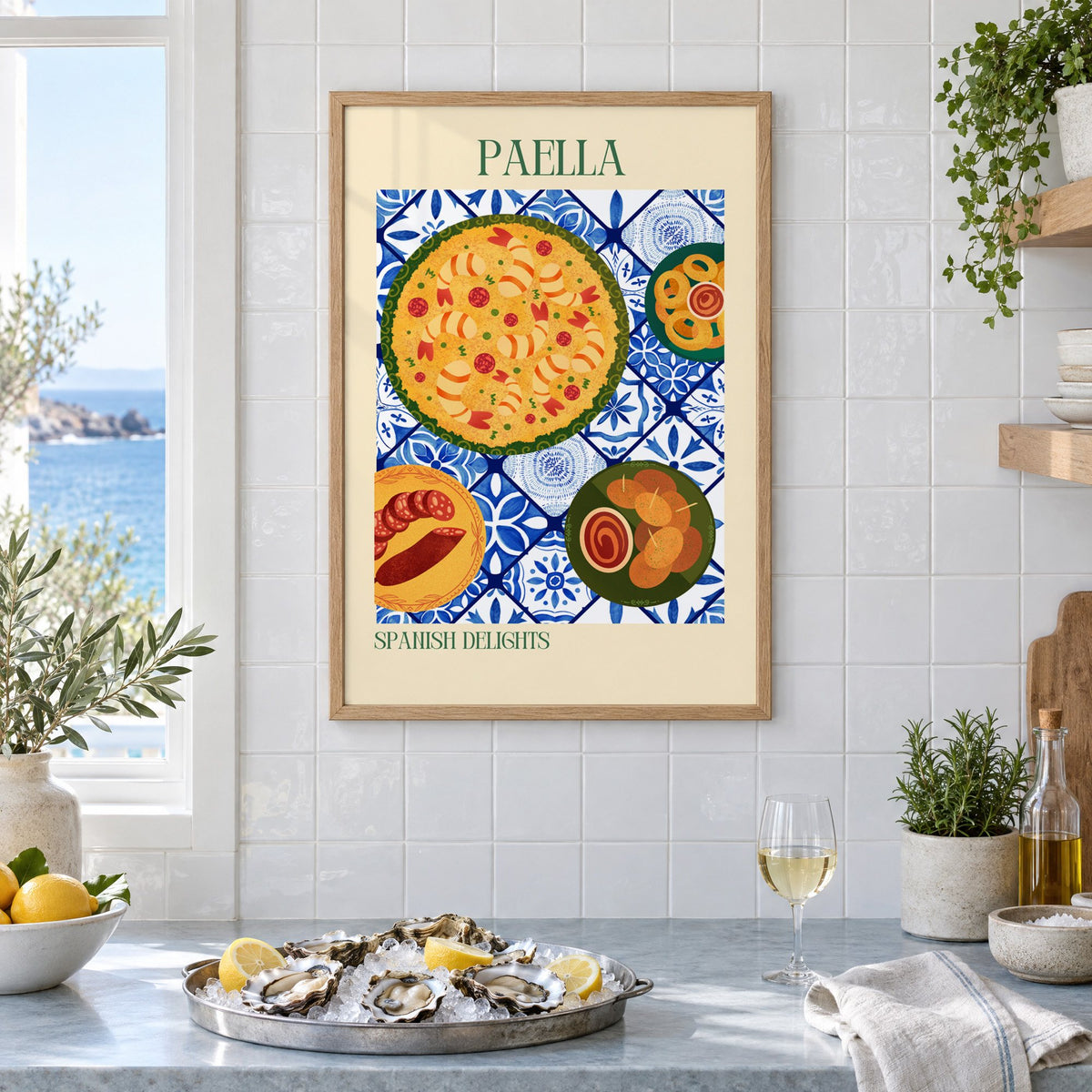 PAELLA Spanish Delights tapas tile table print in an oak frame on white tiles above a marble counter with oysters and lemons by a sea view