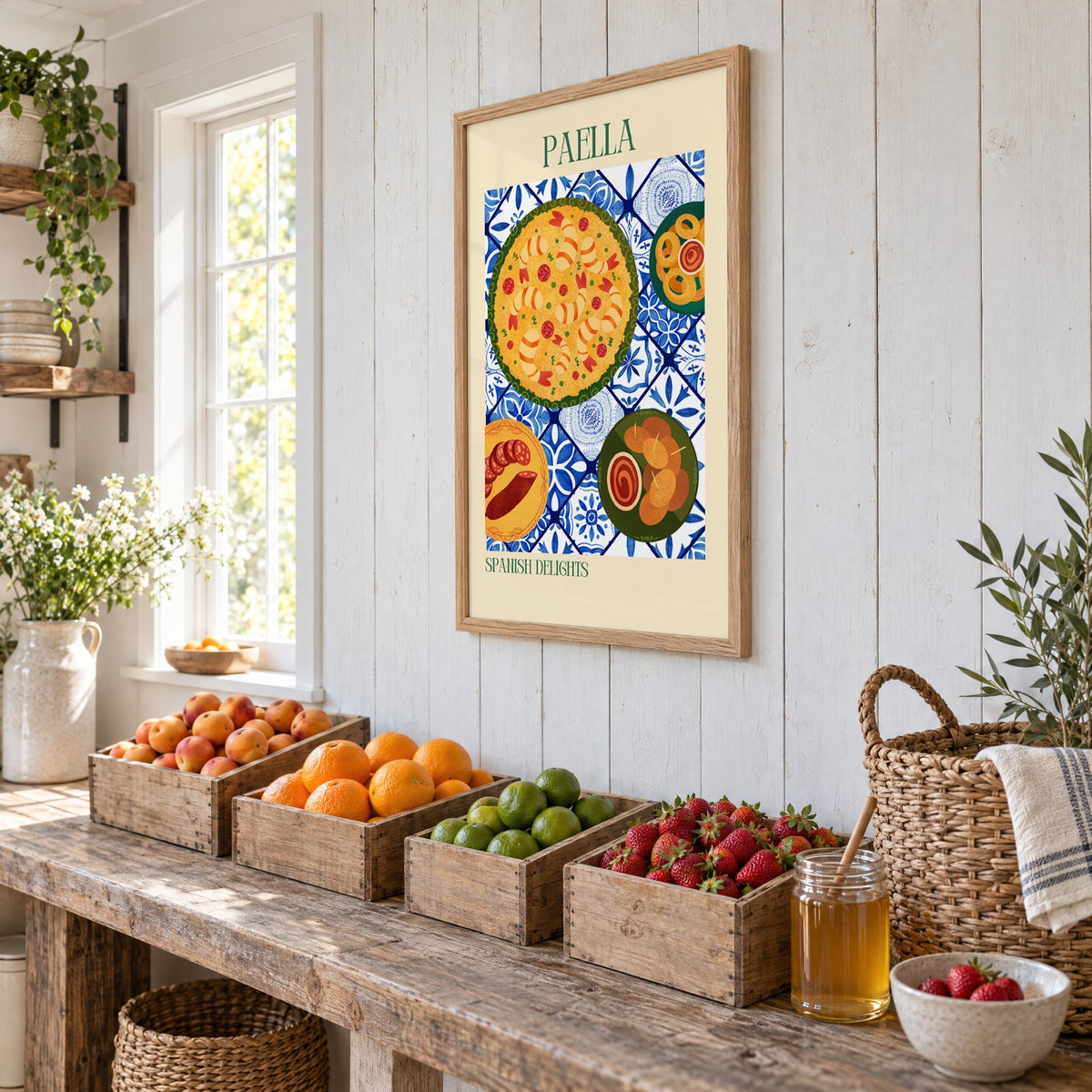 PAELLA Spanish Delights tapas tile table print in an oak frame on white plank walls above wooden crates of fresh fruit, seen at an angle
