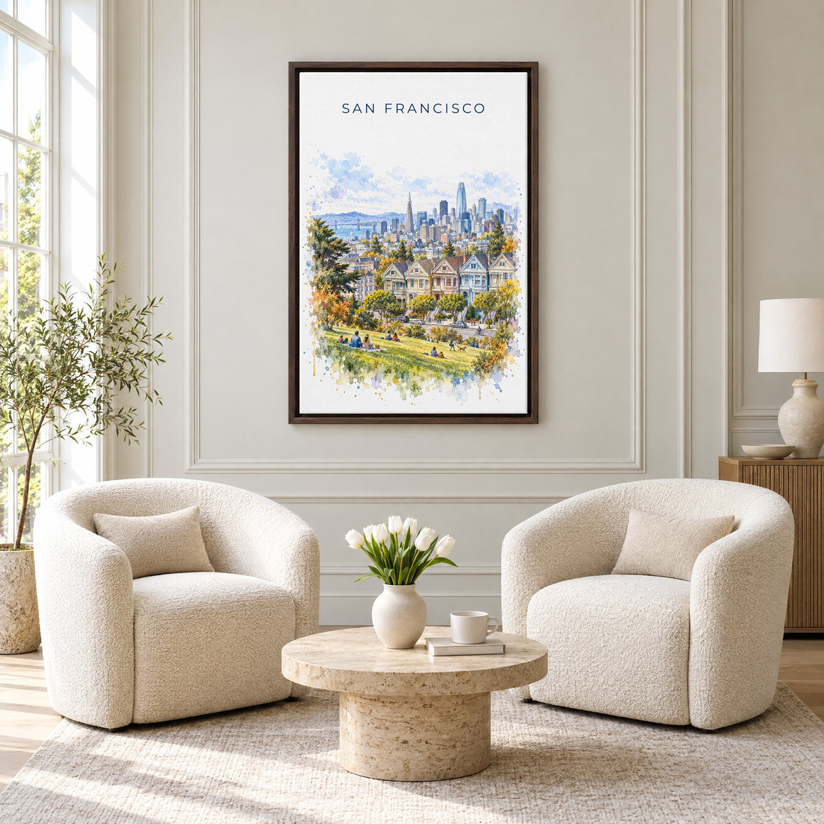 Painted Ladies San Francisco watercolor print as an espresso floater canvas above two boucle armchairs in a hotel lounge