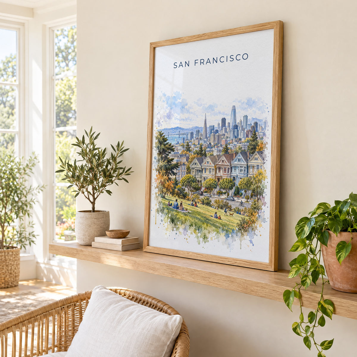 Painted Ladies San Francisco watercolor print in an oak frame on a picture ledge in a sunlit sunroom