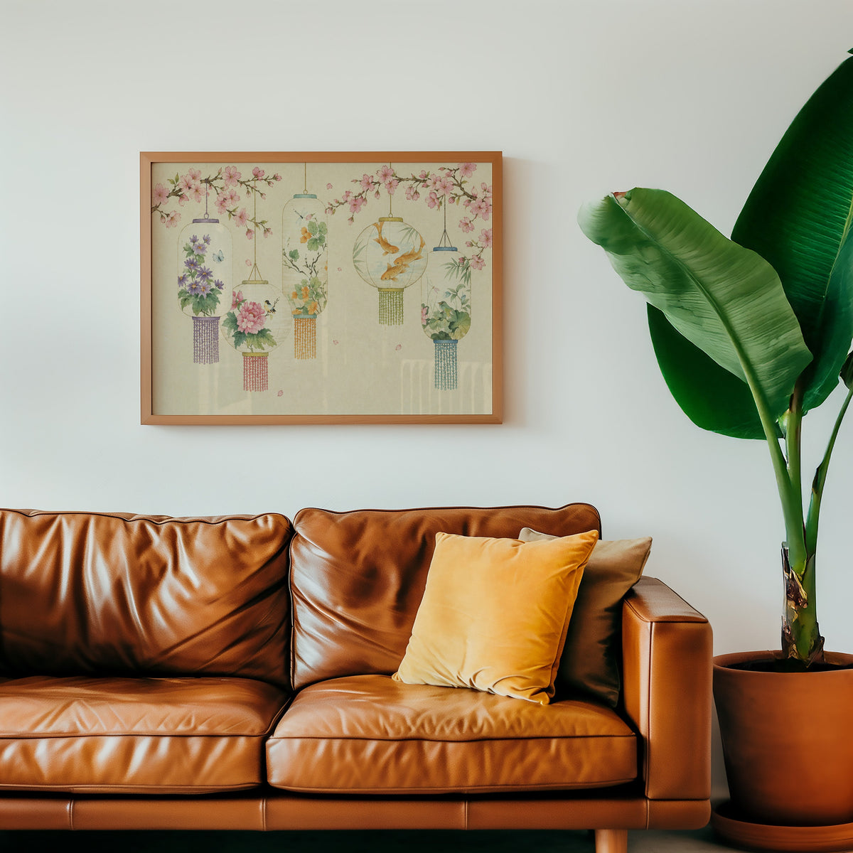 Five painted lanterns under cherry blossom print in a warm oak frame above a cognac leather sofa with a mustard pillow