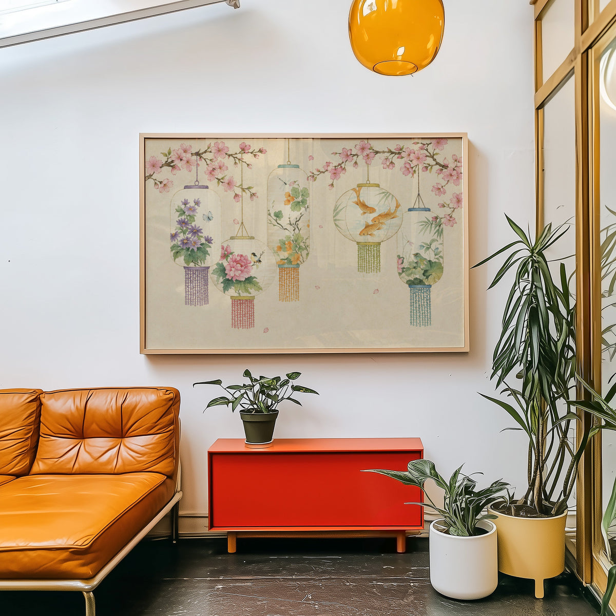Five painted lanterns under cherry blossom print in a light wood frame above a red cabinet beside a tan leather daybed