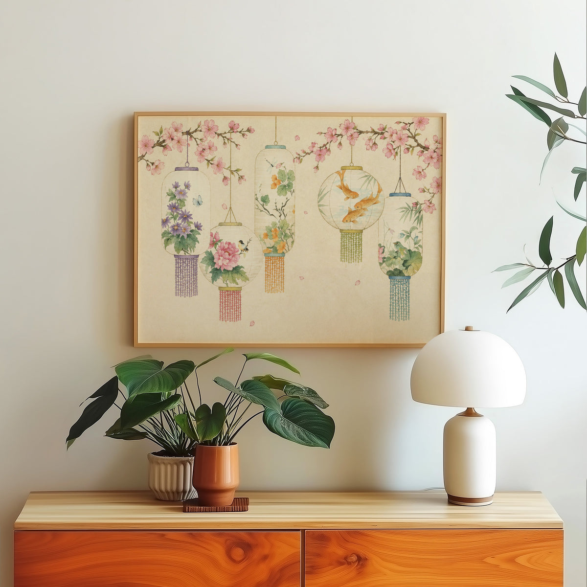 Five painted lanterns under cherry blossom print in a light oak frame above a wood sideboard with a white dome lamp