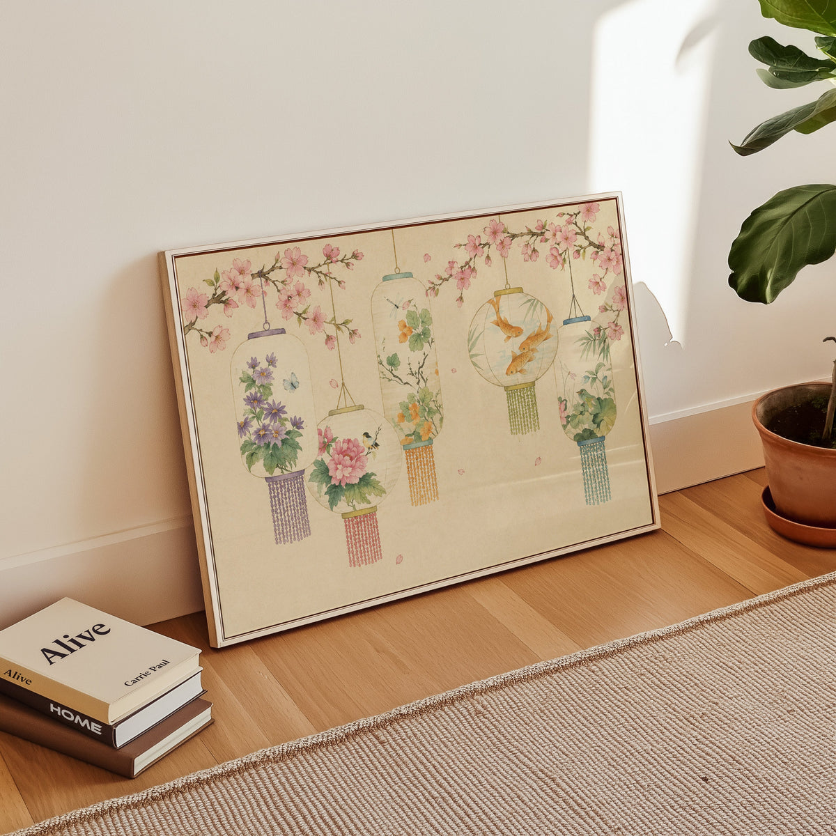Five painted lanterns under cherry blossom print in a white floater frame leaning on a wood floor beside stacked books