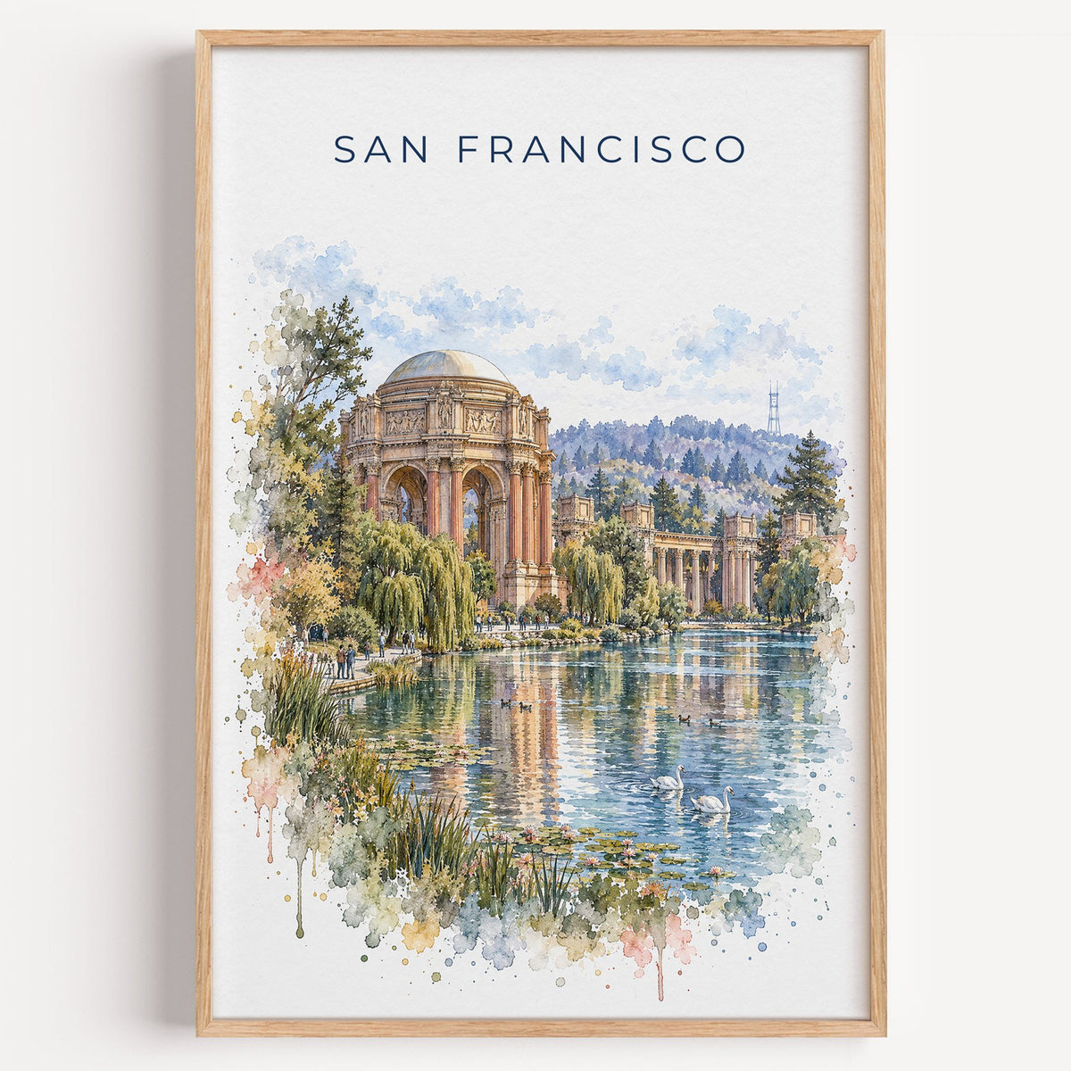 Palace of Fine Arts watercolor print in a light oak frame on a plain white wall