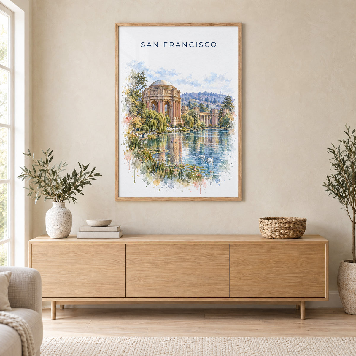Palace of Fine Arts watercolor print in an oak frame above a light wood sideboard in a Scandinavian living room