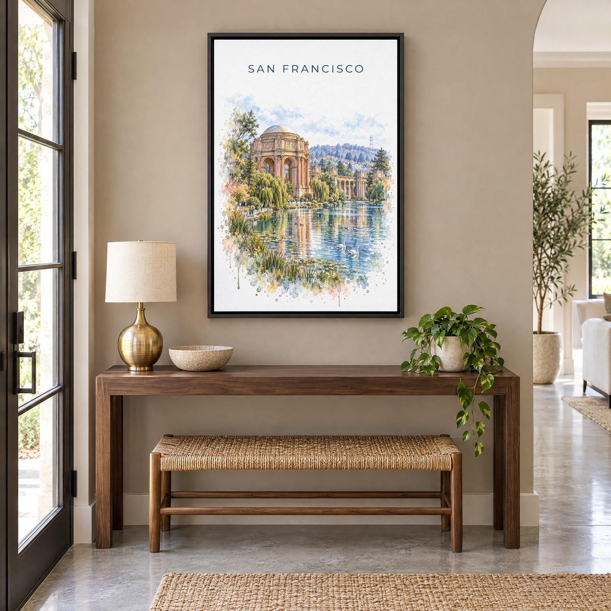 Palace of Fine Arts watercolor print as a black floater canvas above a walnut console and woven bench in an entryway