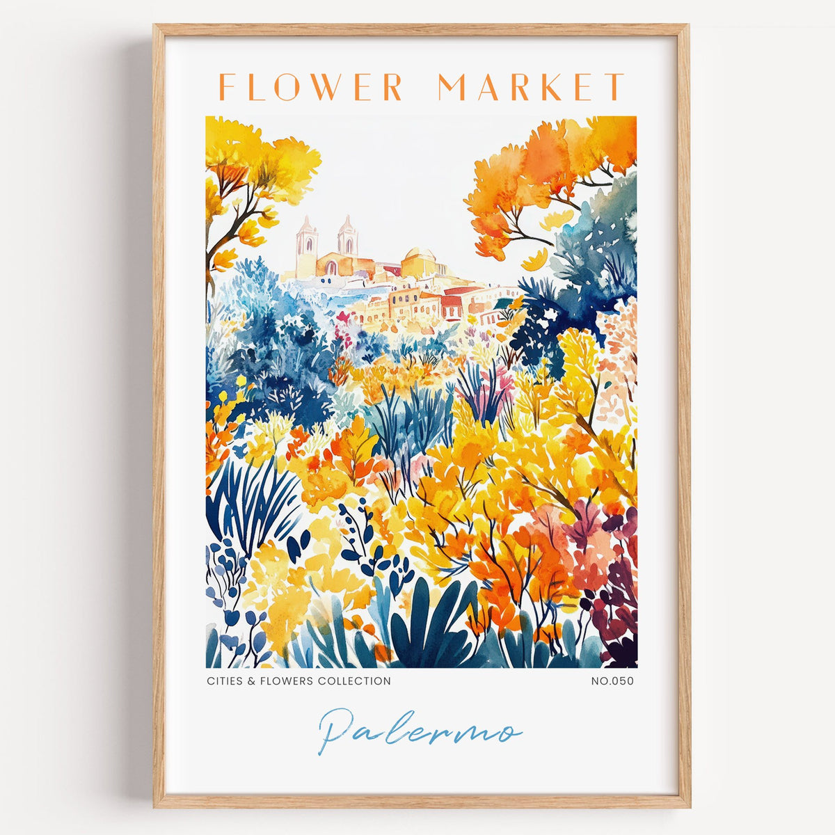 Palermo flower market print in a light oak frame on a plain white wall