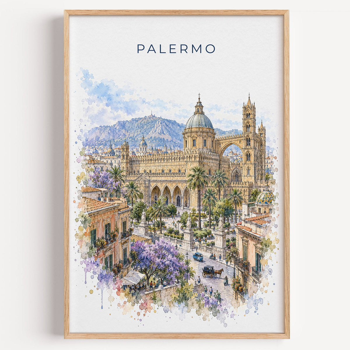 Palermo watercolor print in a light oak frame on a plain white wall