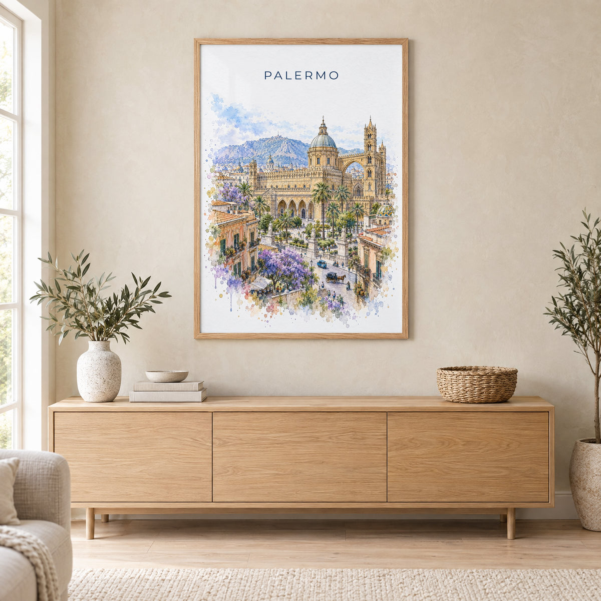 Palermo watercolor print in an oak frame above a light wood sideboard in a Scandinavian living room