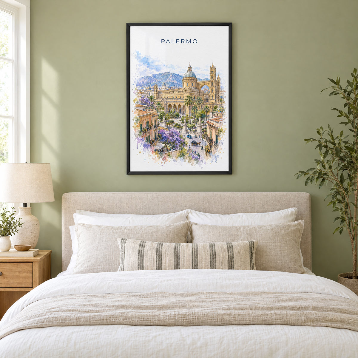 Palermo watercolor print in a black frame above an upholstered headboard in a sage green bedroom