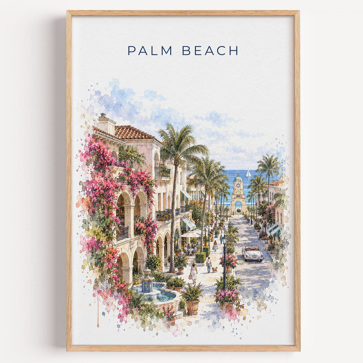 Palm Beach, Florida watercolor print in a light oak frame on a plain white wall