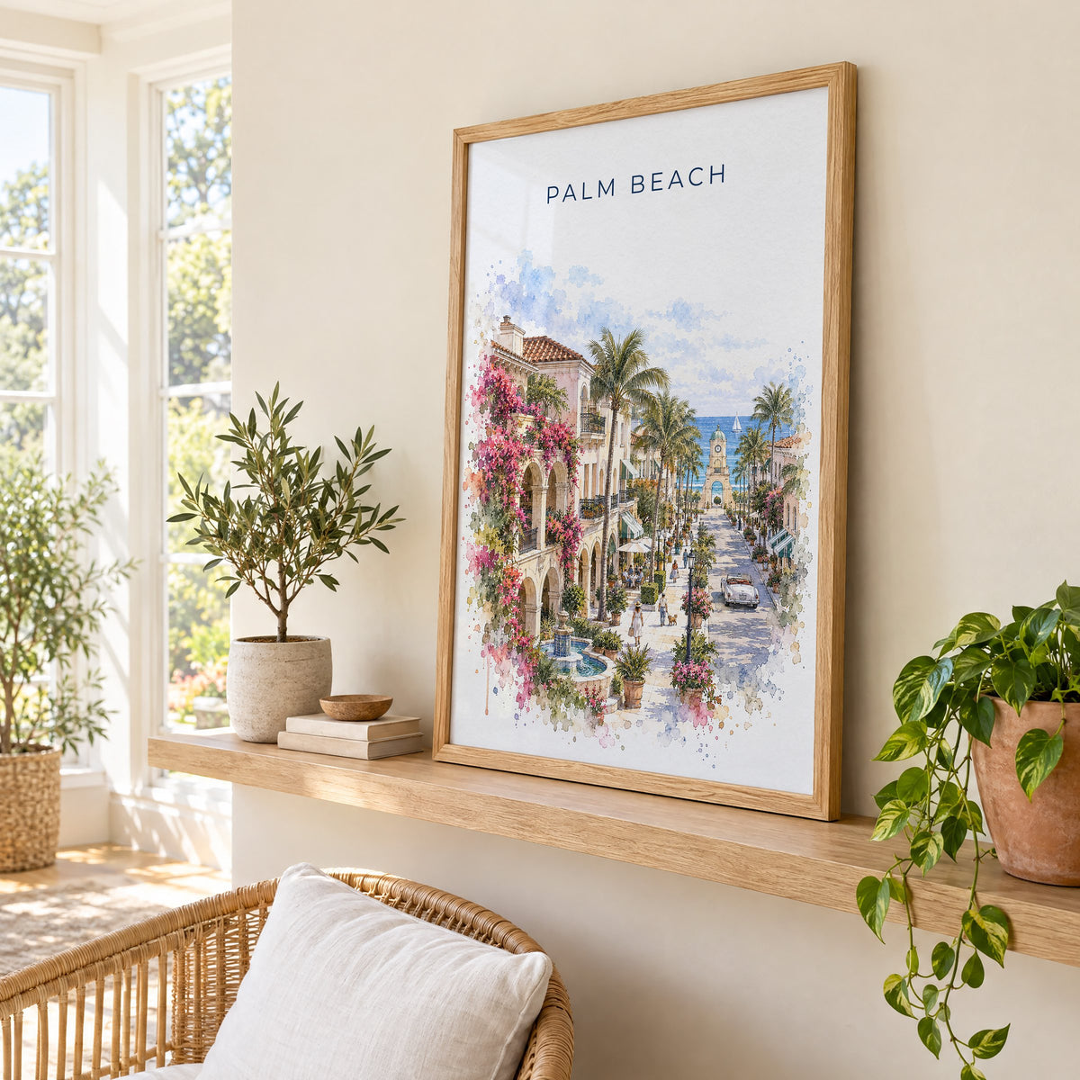 Palm Beach, Florida watercolor print in an oak frame on a picture ledge in a sunlit sunroom
