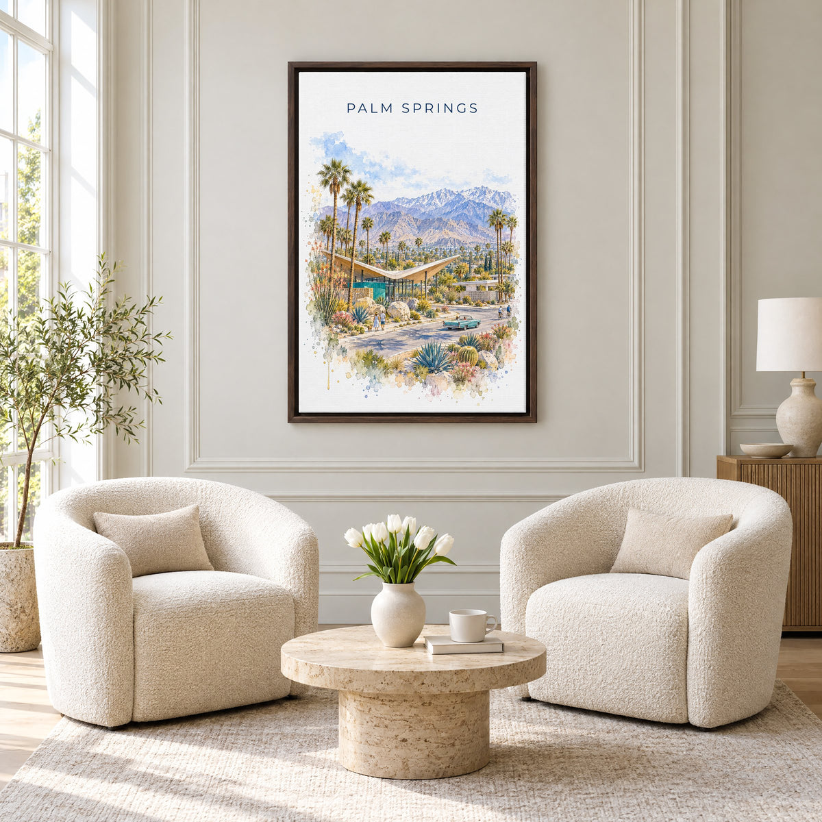 Palm Springs watercolor print as an espresso floater canvas above two boucle armchairs in a hotel lounge