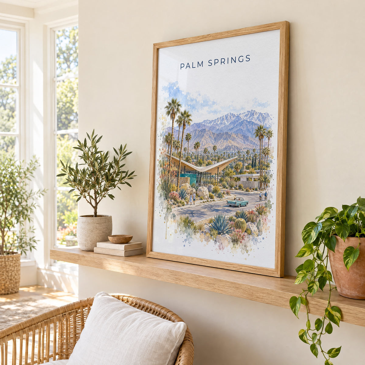 Palm Springs watercolor print in an oak frame on a picture ledge in a sunlit sunroom