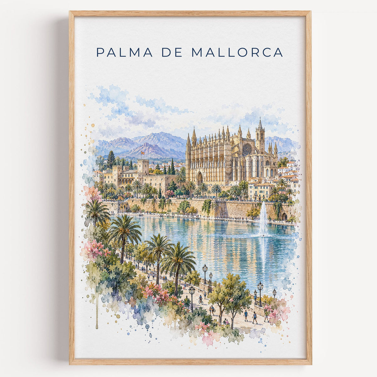 Palma de Mallorca watercolor print in a light oak frame on a plain white wall