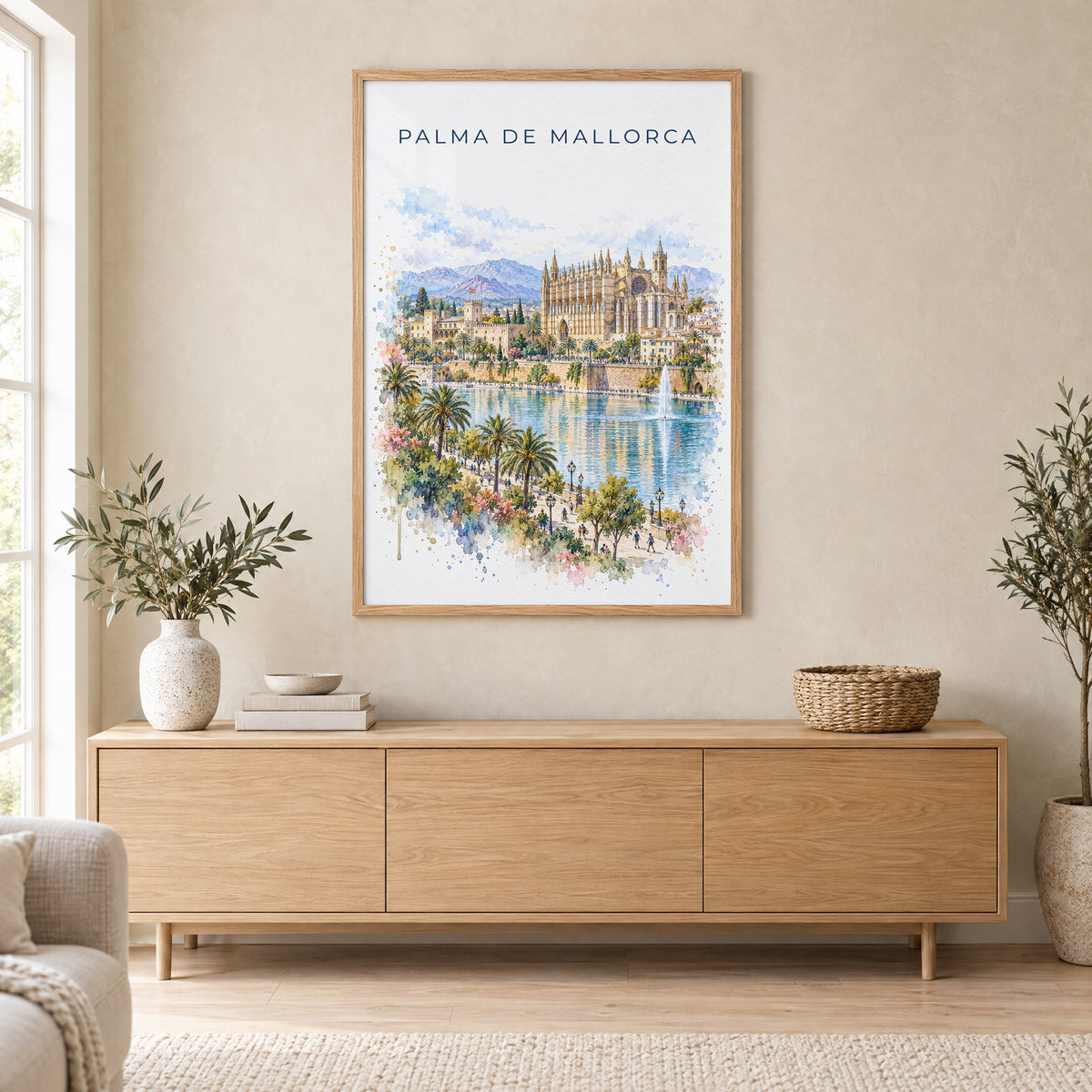 Palma de Mallorca watercolor print in an oak frame above a light wood sideboard in a Scandinavian living room