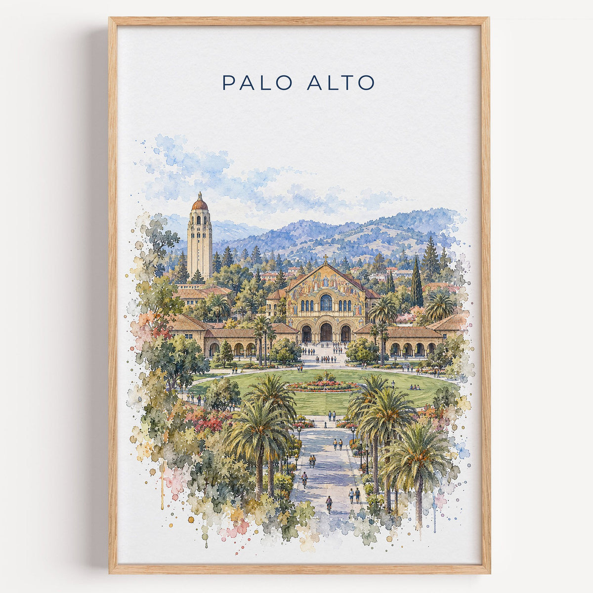 Palo Alto watercolor print in a light oak frame on a plain white wall