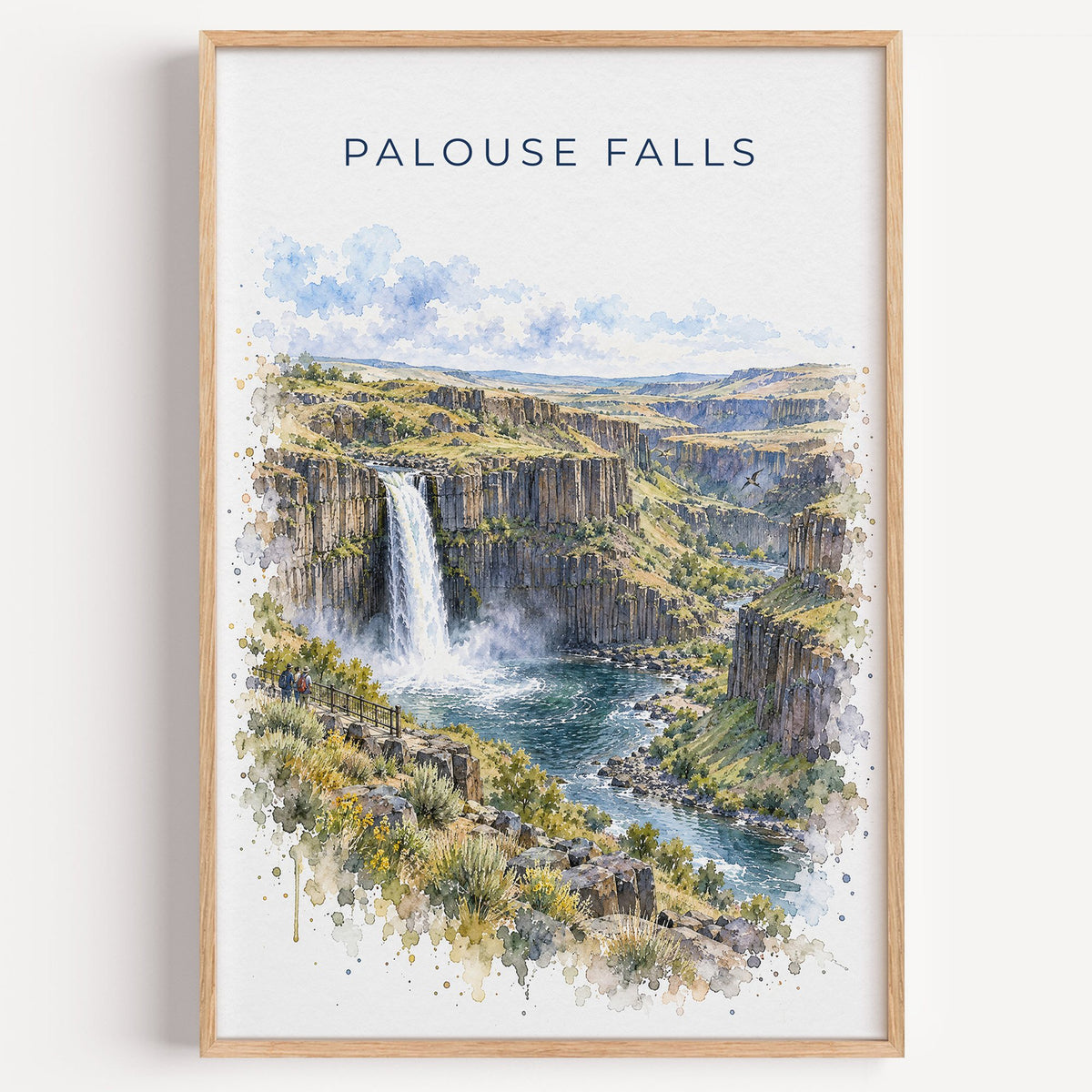 Palouse Falls watercolor print in a light oak frame on a plain white wall