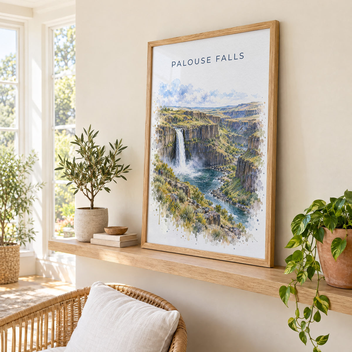 Palouse Falls watercolor print in an oak frame on a picture ledge in a sunlit sunroom