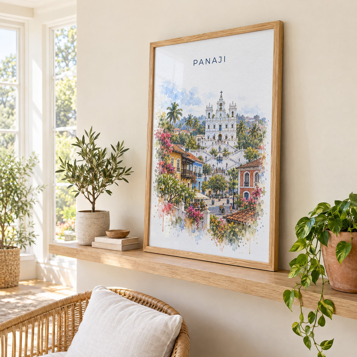 Panaji watercolor print in an oak frame on a picture ledge in a sunlit sunroom