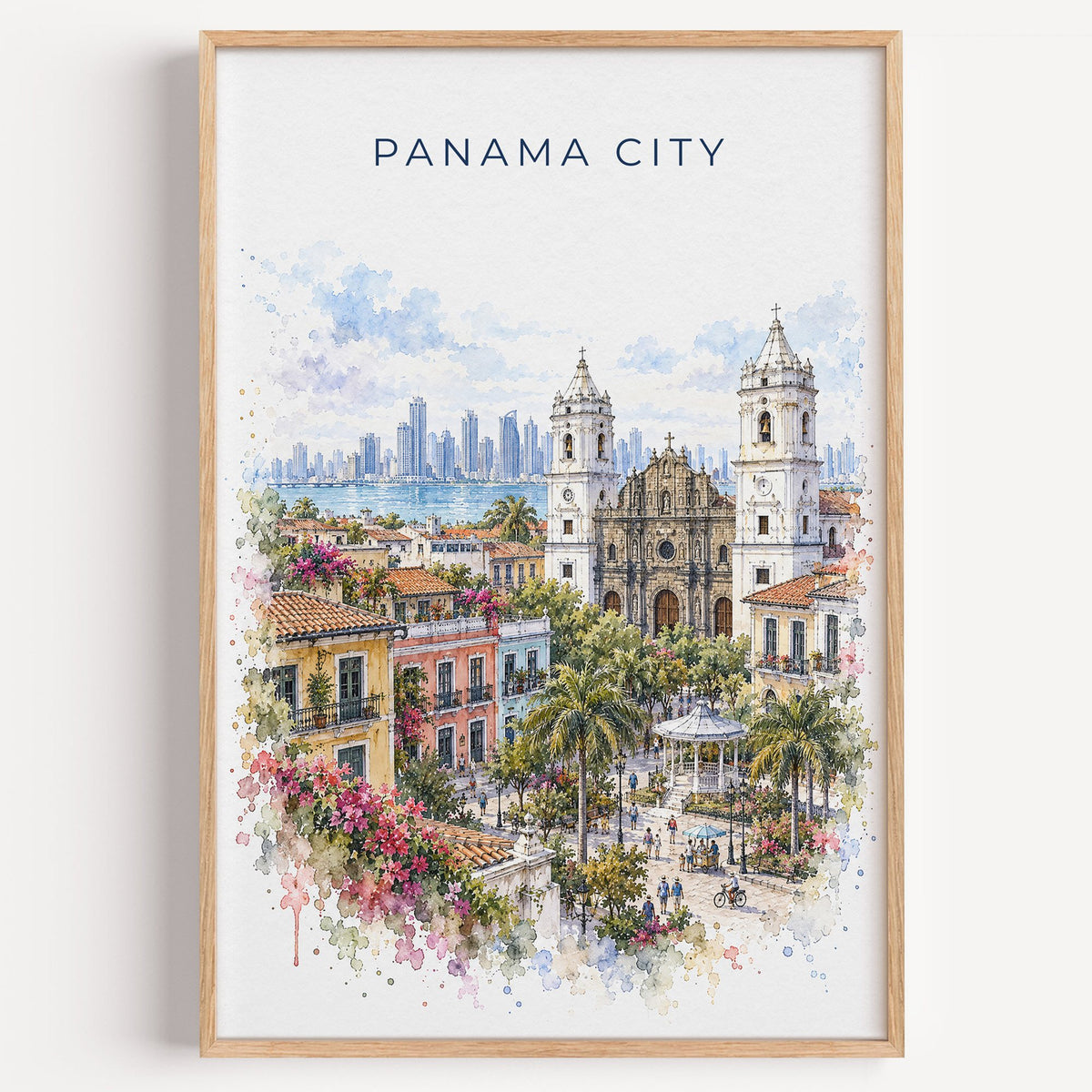 Panama City, Panama watercolor print in a light oak frame on a plain white wall