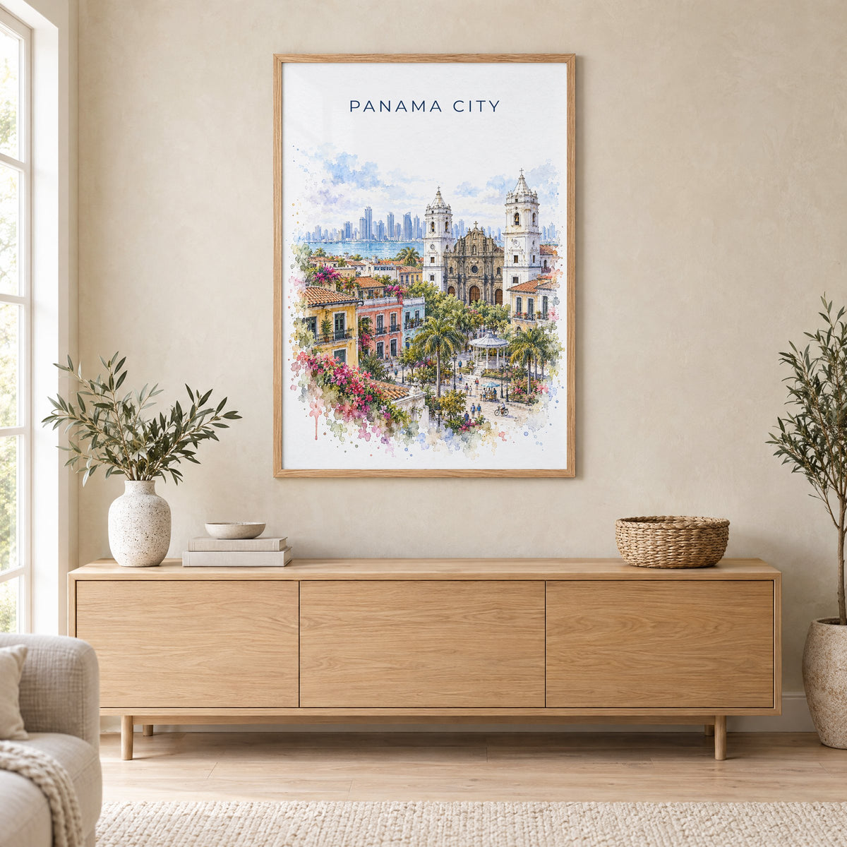 Panama City, Panama watercolor print in an oak frame above a light wood sideboard in a Scandinavian living room