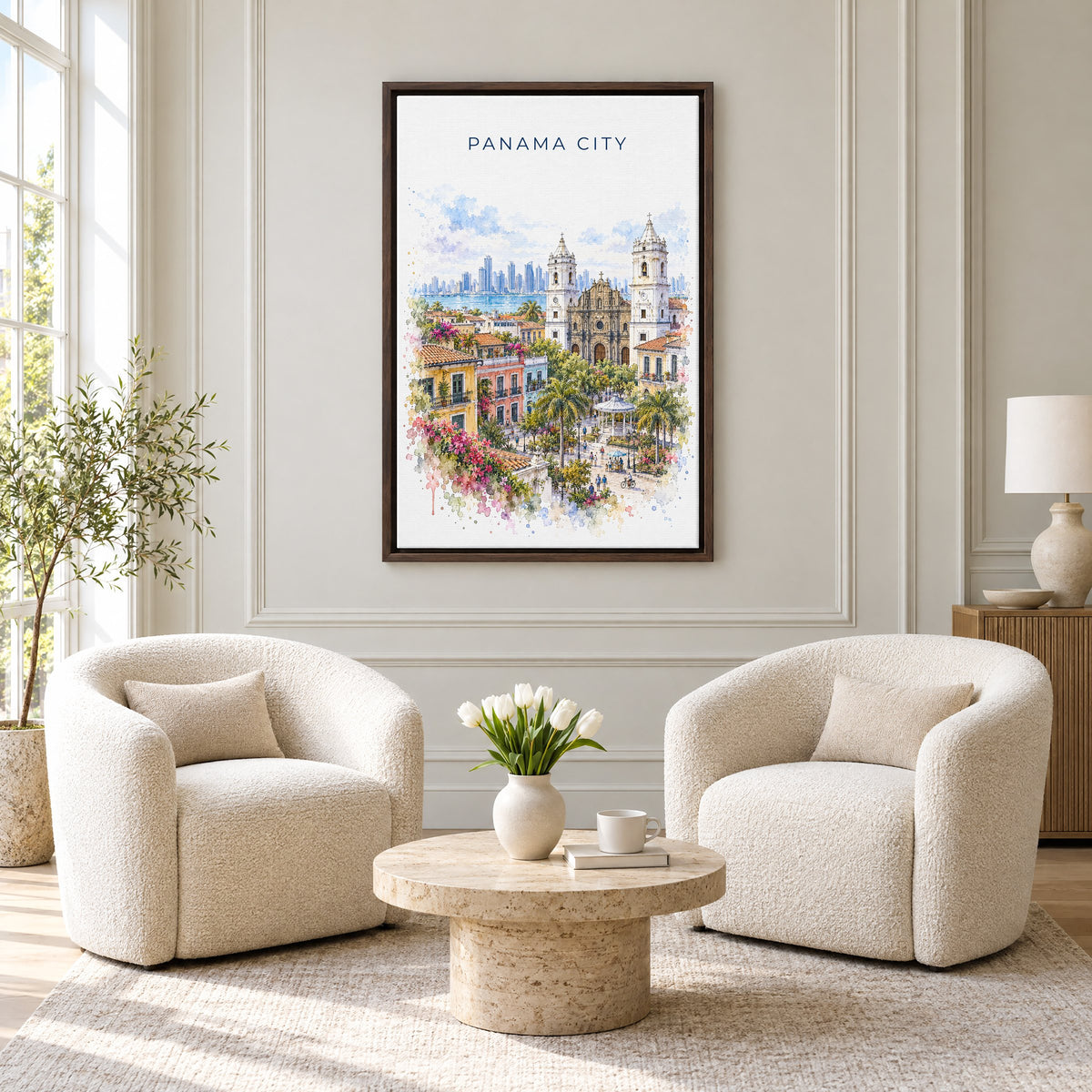 Panama City, Panama watercolor print as an espresso floater canvas above two boucle armchairs in a hotel lounge