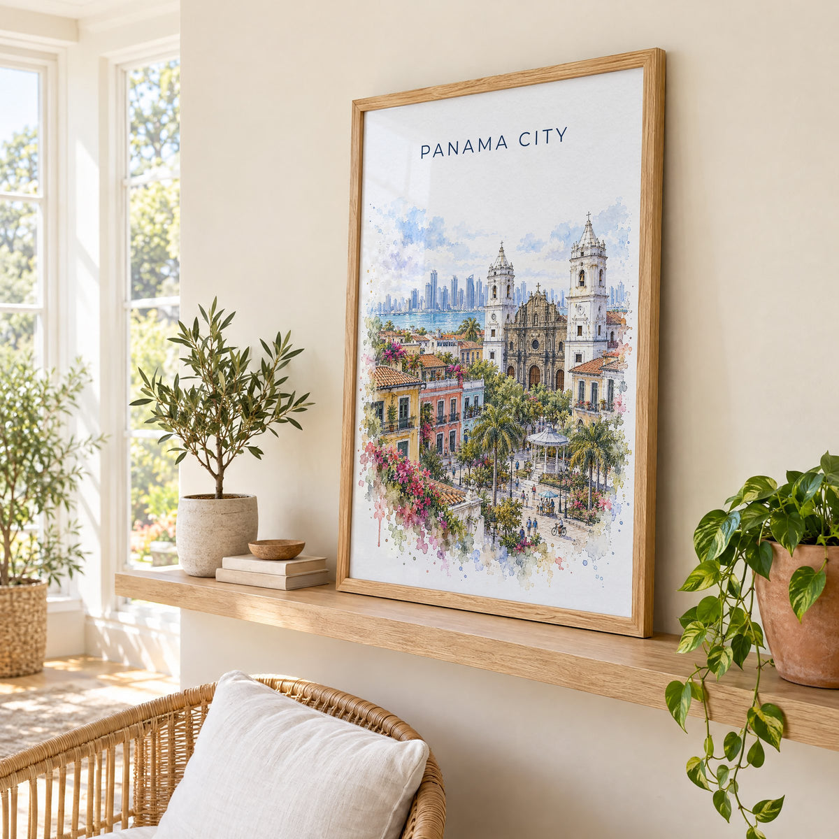 Panama City, Panama watercolor print in an oak frame on a picture ledge in a sunlit sunroom