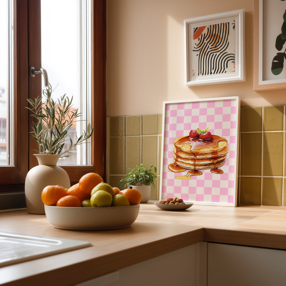 Pancake stack pink check print in a white frame leaning against olive green kitchen tiles beside a bowl of citrus