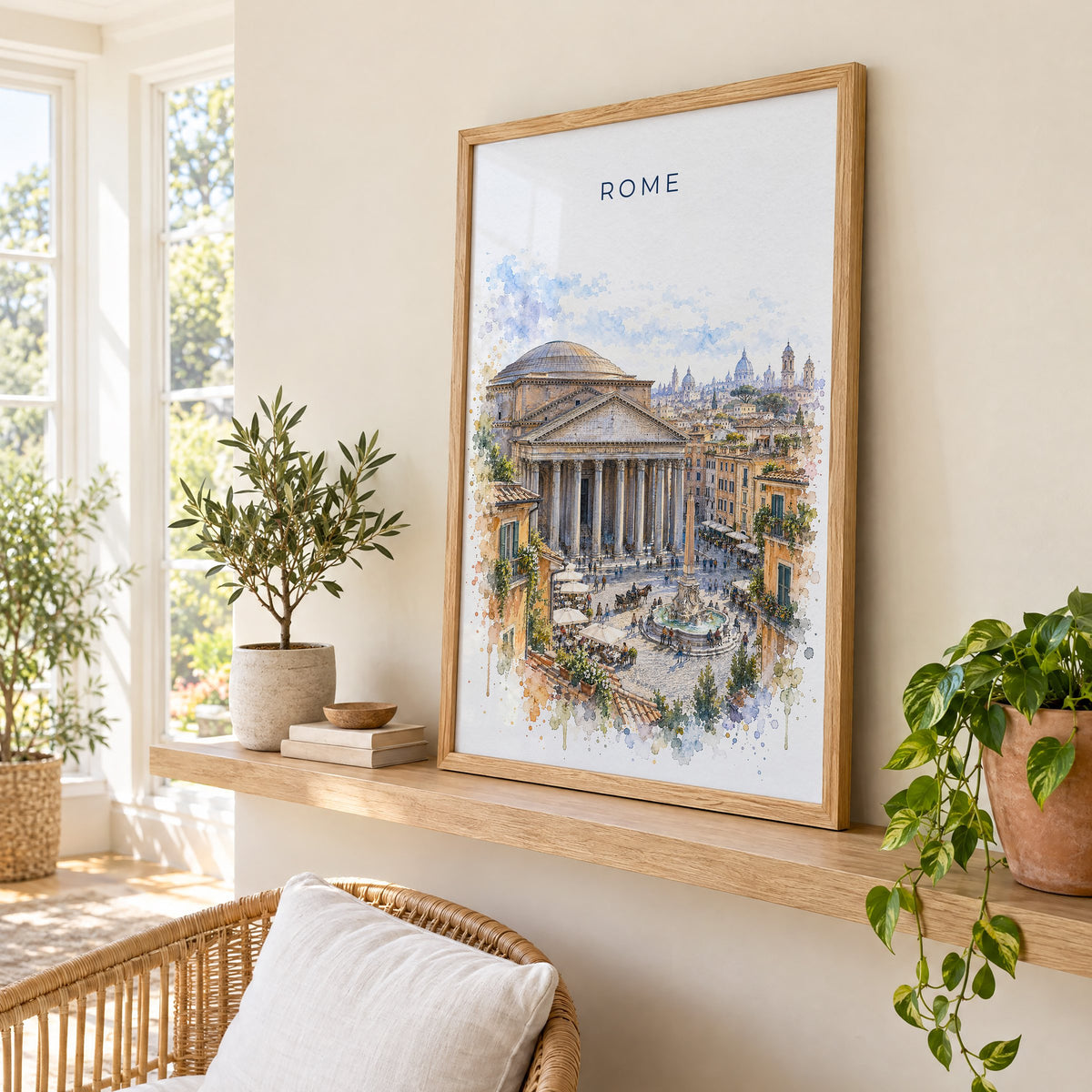 Pantheon Rome watercolor print in an oak frame on a picture ledge in a sunlit sunroom